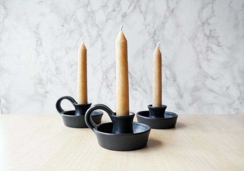 Black Ceramic Candlestick Holder with Handle Taper Holder Hygge Taper Holder Farmhouse Table Candle Holders image 1