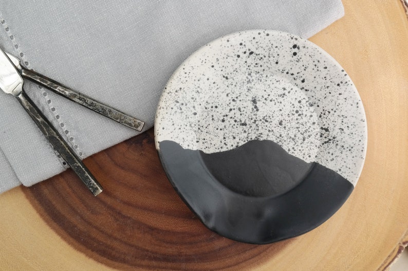 High Peaks Ceramic Spoon Rest Black White Stoneware Dinnerware Handmade Pottery Dish Set image 2
