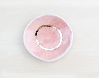 Pink + Gold Porcelain Ring Dish - Bridesmaid Gift - Jewelry Dish or Vanity Tray - Wedding Party Gift - Engagement Ring Dish
