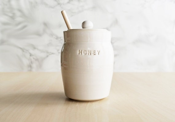 White Ceramic Honey Pot and Dipper - Handmade Pottery Honey Jar