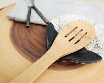 High Peaks Ceramic Spoon Rest | Black + White Stoneware Dinnerware | Handmade Pottery Dish Set