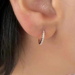 Dainty 12mm Sparkle Minimalist Half Moon Hoop Stud Earrings 10K Solid Gold or Silnova Silver Lab-Grown EF Diamonds • Gift for Her & Everyday