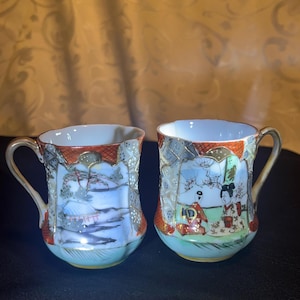 Set of 2 Antique Japanese Kutani Eggshell Porcelain Tea Cups