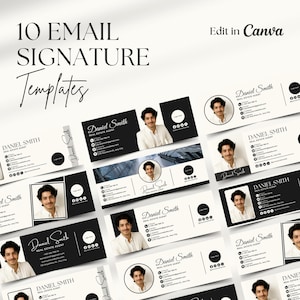 May include: A collection of 10 email signature templates. Each template features a headshot, contact information, and a logo. The templates are designed for real estate agents and include the name "Daniel Smith". The text "Edit in Canva" is also visible.