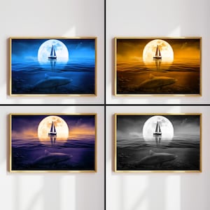 Printable Ocean Wall Art Set of 4 Print, Modern Coastal Print, Landscape Large Wall Art, Nautical Wall Decor, Shark Print, Digital Download