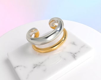 Two-Tone Stainless Steel Open Ring for Women • Adjustable Silver and Gold Mixed Colors • Stylish Jewelry Gift