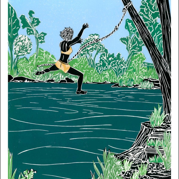 Card or Poster Rope Swing Water Woman Swimming Flying Over Water Outdoor Fun SKU #143