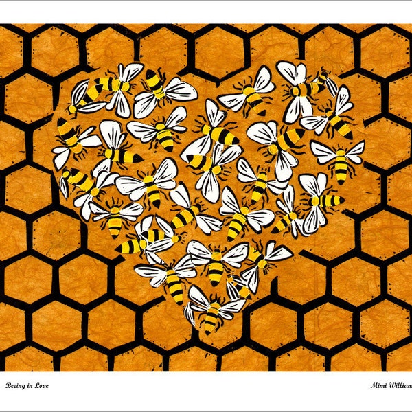 Card or Poster Bees in Hive, Beehive Valentine Heart, Honeycomb Love, Beeing in Love, Hive Honey  SKU #120