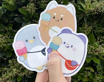 Kawaii Animal Ice Cream Stickers – Waterproof Vinyl Decals