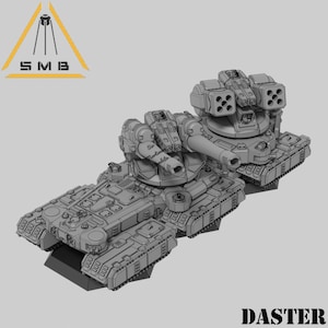 May include: A detailed model of a futuristic tank with two large cannons and a smaller cannon on the back. The tank is gray and has a lot of detail. The text "DASTER" is printed on the bottom of the image.