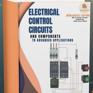 Op de afbeelding: Een hardcover boek getiteld "ELECTRICAL CONTROL CIRCUITS AND COMPONENTS TO ADVANCED APPLICATIONS". De omslag toont een diagram van elektrische componenten en circuits. Het boek heeft een oranje rug en een witte omslag met blauwe tekst.