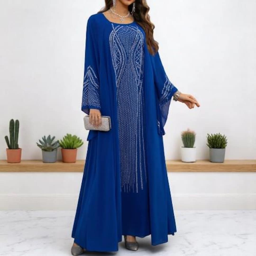 Embroidered Maxi Dress with Crystal Stones Beaded Dubai Kaftan