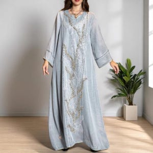 Dubai Luxury Abaya Robe – White Mesh Beaded Dress for Muslim Women – Embroidered Kaftan Jellabiya, Arabic Morocco Islamic Clothing