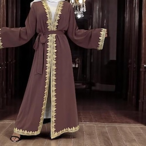 Elegant Ramadan Abaya: Muslim Open Kaftan Dress with Gold Embroidery