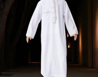 Boys' White Thobe - Long Sleeve Caftan, Islamic Eid Outfit