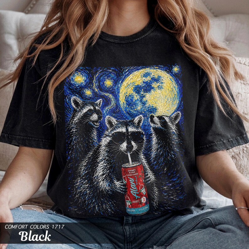 Raccoon Energy Drink Van Gogh Shirt, Comfort Colors Garment-Dyed Tee, Gym Girl Gift image 2