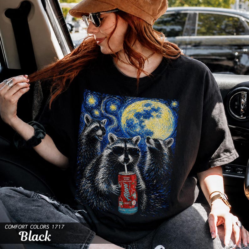 Raccoon Energy Drink Van Gogh Shirt, Comfort Colors Garment-Dyed Tee, Gym Girl Gift image 3