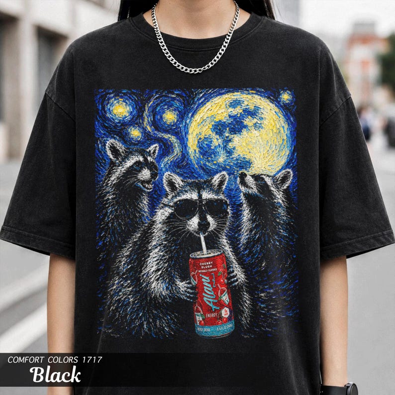 Raccoon Energy Drink Van Gogh Shirt, Comfort Colors Garment-Dyed Tee, Gym Girl Gift image 1