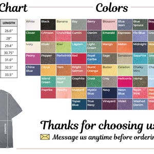 Op de afbeelding: Een maattabel en kleurenpalet voor een t-shirt. De maattabel toont breedtes en lengtes in inches voor de maten S tot 4XL. Het kleurraster toont talloze stalen met namen zoals White, Black, Crimson en Navy. Een grijs t-shirt is afgebeeld.
