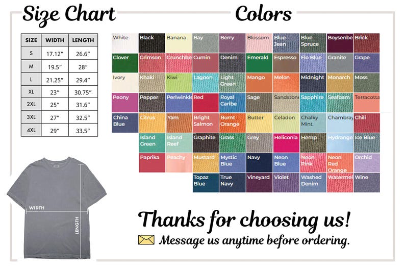 Op de afbeelding: Een maattabel en kleurenpalet voor een t-shirt. De maattabel toont breedtes en lengtes in inches voor de maten S tot 4XL. Het kleurraster toont talloze stalen met namen zoals White, Black, Crimson en Navy. Een grijs t-shirt is afgebeeld.