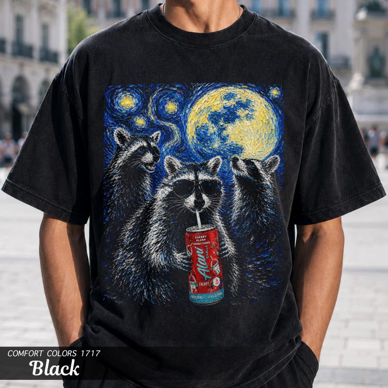 Raccoon Energy Drink Van Gogh Shirt, Comfort Colors Garment-Dyed Tee, Gym Girl Gift image 5