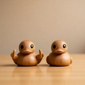 May include: Two wooden duck figurines with a light brown finish. One duck is giving the middle finger. The ducks have black eyes with yellow highlights and are sitting on a wooden surface.