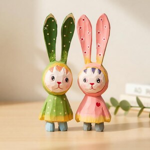 Handmade Carved Long Eared Rabbit, Wooden Rabbit Figurine, Desk Decor, Car Decor, Cartoon Art Figurine, Birthday Gift