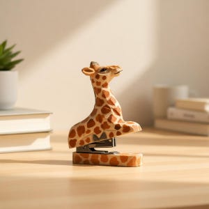 May include: A giraffe-shaped wooden stapler. The giraffe has a light brown body with dark brown spots. The stapler mechanism is silver. The stapler is on a wooden desk.