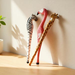 May include: Three wooden animal pens: a zebra with black and white stripes, a pink flamingo, and a giraffe with brown spots. The pens are leaning against a neutral-colored wall, with a wooden surface in the foreground.