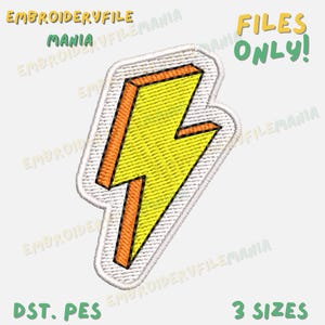 May include: Embroidered patch featuring a yellow lightning bolt with orange trim, outlined in white stitching. The text "FILES ONLY!" is in green. The text "DST. PES" and "3 SIZES" are also visible.