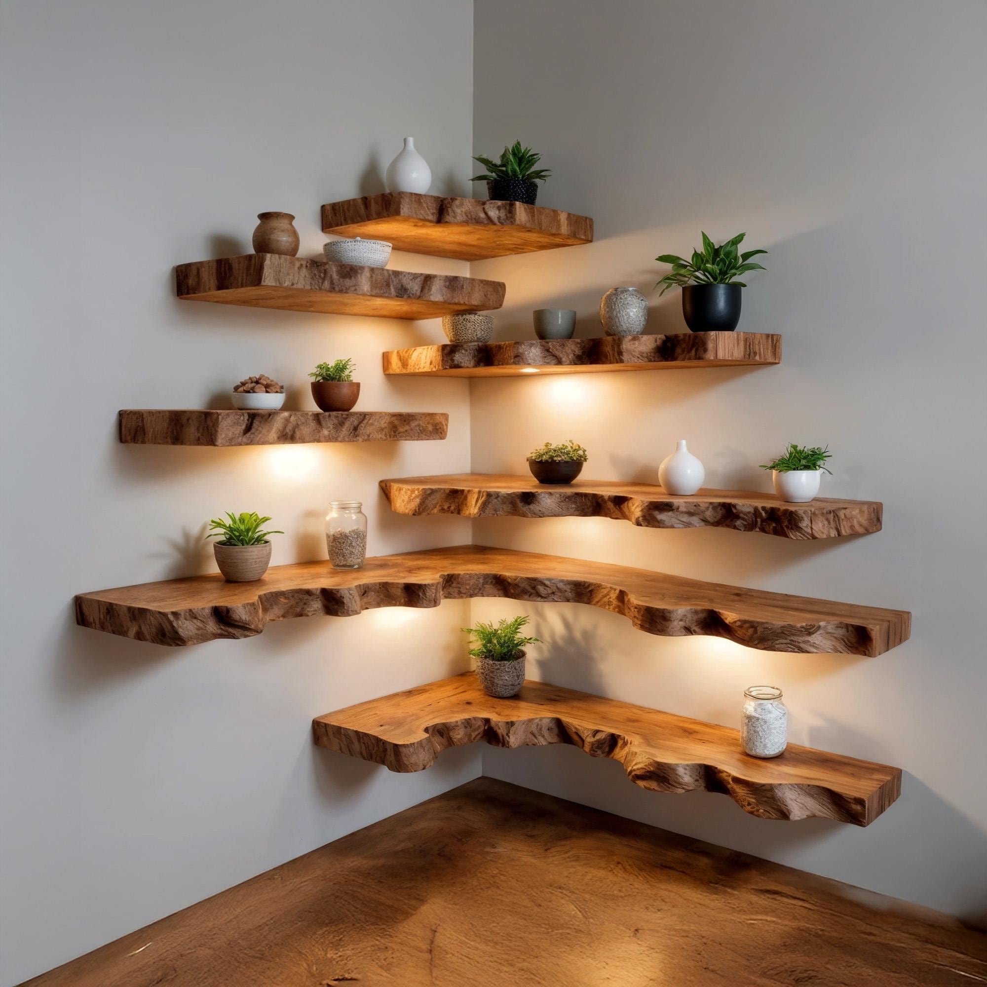 Floating corner shelf solid wood bookshelf on wall bathroom shelves handcraft live edge wood shelf furniture decor
