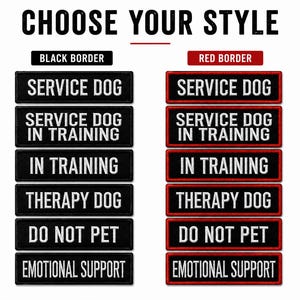 Op de afbeelding: Afbeelding met rechthoekige patches met tekst voor hulphonden. De patches hebben zwarte of rode randen. Tekst omvat "SERVICE DOG", "IN TRAINING", "THERAPY DOG", "DO NOT PET" en "EMOTIONAL SUPPORT".