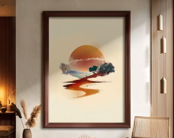 Kunstdruk met kronkelpad: poster spiritueel landschap, canvas vreedzame zonsopgang, zen-muurdecoratie