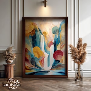 Abstrakter Wasserfall Kunstdruck: Boho Naturbild, buntes Kaskadenbild auf Leinwand