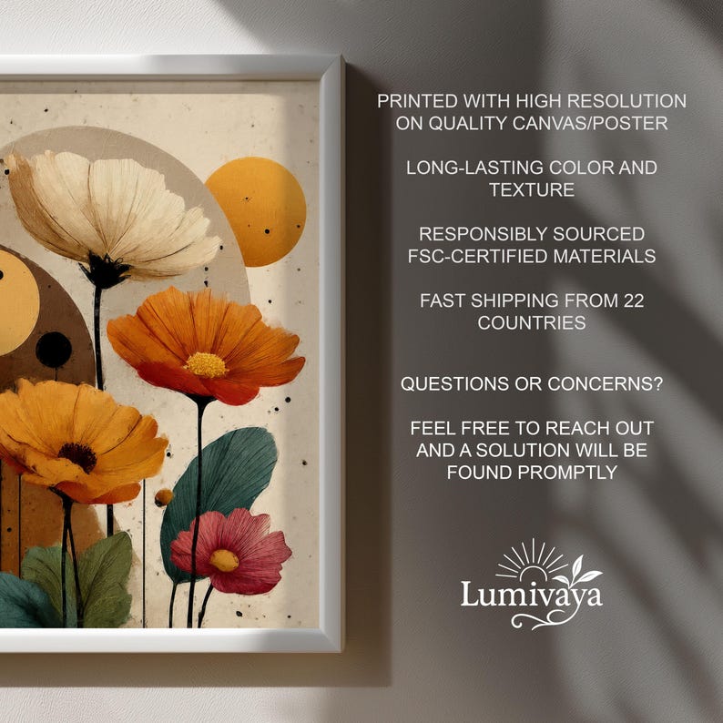 Pu&ograve; includere: Una stampa artistica incorniciata con un design floreale. L'opera presenta fiori arancioni, gialli e rosa. La stampa include il testo "PRINTED WITH HIGH RESOLUTION ON QUALITY CANVAS/POSTER" e "Lumivaya". La stampa ha uno sfondo neutro e una cornice bianca.