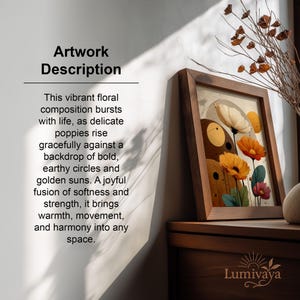 Pu&ograve; includere: Un'opera d'arte incorniciata in legno con una composizione floreale con papaveri arancioni, bianchi e rosa su uno sfondo di cerchi terrosi e soli dorati. Il testo sull'opera d'arte dice "Artwork Description".