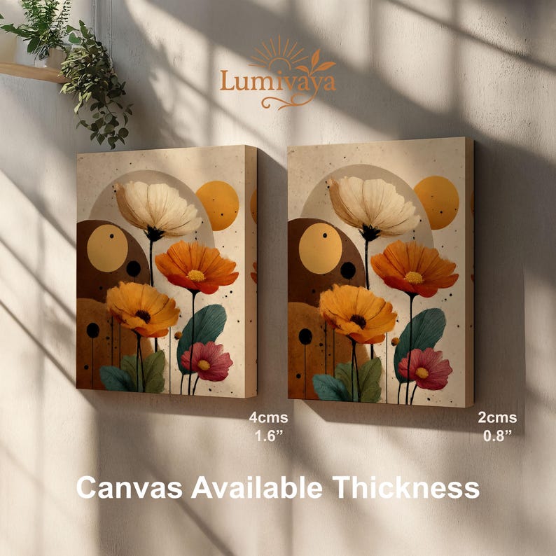 Pu&ograve; includere: Due stampe su tela con disegni floreali nei toni dell'arancione, bianco e rosa. Le stampe hanno uno sfondo beige con un design circolare. Il testo "Canvas Available Thickness" &egrave; in basso. Lo spessore della tela &egrave; di 4 cm e 2 cm.