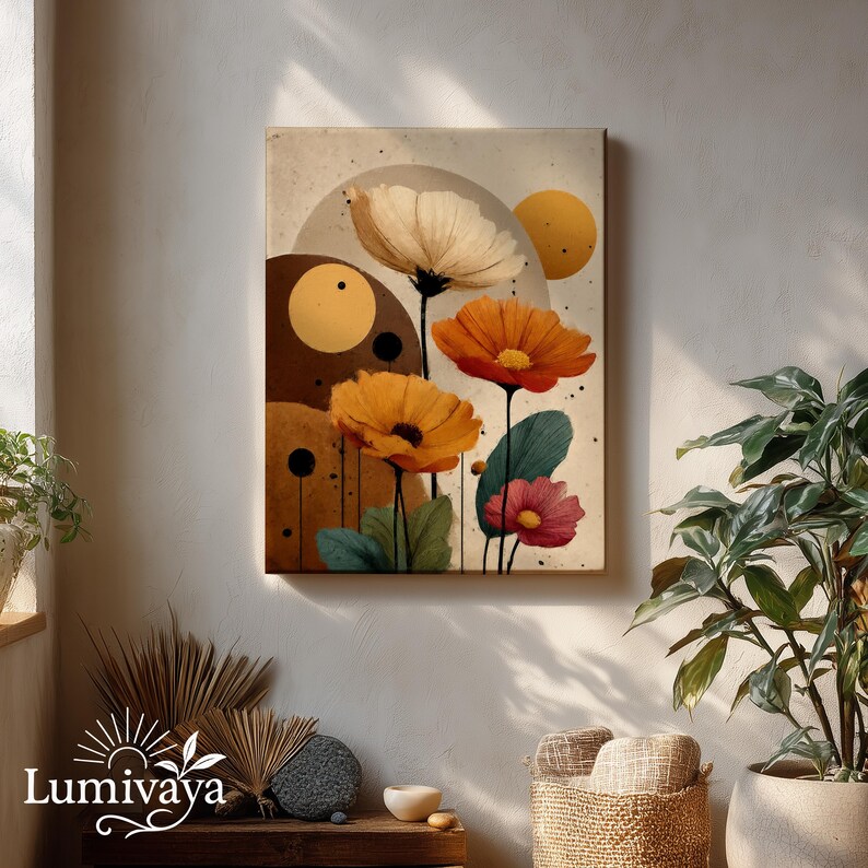 Pu&ograve; includere: Una stampa su tela raffigurante fiori stilizzati nei toni dell'arancione, crema e rosa, su uno sfondo neutro con forme geometriche marroni e gialle. L'opera d'arte &egrave; esposta su una parete, con piante e decorazioni in primo piano.