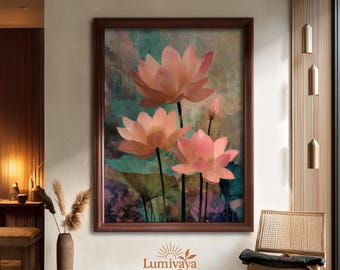 Stampa artistica con fiore di loto: moderna decorazione da parete floreale zen, poster astratto e tela