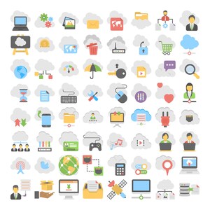 Peut inclure: Ensemble d'ic&ocirc;nes color&eacute;es d'informatique en nuage, comprenant des ordinateurs portables, des dossiers et des symboles de r&eacute;seau. Les ic&ocirc;nes sont sur fond blanc, repr&eacute;sentant divers services num&eacute;riques et concepts de stockage de donn&eacute;es.