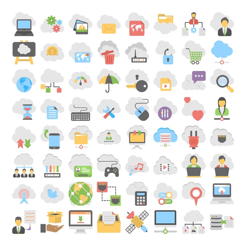 Peut inclure: Ensemble d'ic&ocirc;nes color&eacute;es d'informatique en nuage, comprenant des ordinateurs portables, des dossiers et des symboles de r&eacute;seau. Les ic&ocirc;nes sont sur fond blanc, repr&eacute;sentant divers services num&eacute;riques et concepts de stockage de donn&eacute;es.