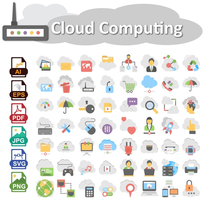 Peut inclure: Une illustration graphique sur le cloud computing avec des ic&ocirc;nes repr&eacute;sentant divers concepts num&eacute;riques. L'image comprend un routeur, des formats de fichiers (AI, EPS, PDF, JPG, SVG, PNG) et des ic&ocirc;nes en forme de nuage pour les donn&eacute;es, la s&eacute;curit&eacute; et la communication. Le texte "Cloud Computing" est affich&eacute;.