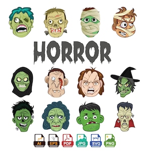 Horror Face Vector Illustrations | Scary Skull & Creepy Zombie Clipart | Halloween Digital Art | Printable Horror PNG SVG Files |