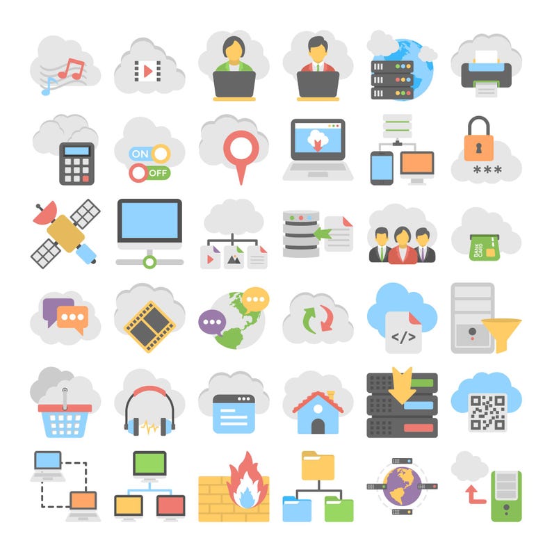 Peut inclure: Une collection d'ic&ocirc;nes color&eacute;es de style plat li&eacute;es &agrave; l'informatique en nuage, au stockage de donn&eacute;es et &agrave; la technologie Internet. Les ic&ocirc;nes incluent des ordinateurs portables, des serveurs, un globe, un satellite et une imprimante, le tout sur fond blanc.