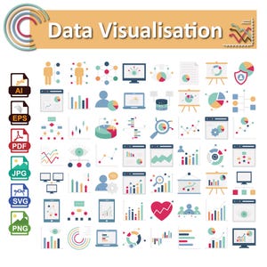 May include: A collection of colorful data visualization icons, including charts, graphs, and file formats like AI, EPS, PDF, JPG, SVG, and PNG. The text "Data Visualisation" is displayed at the top in a bold font.