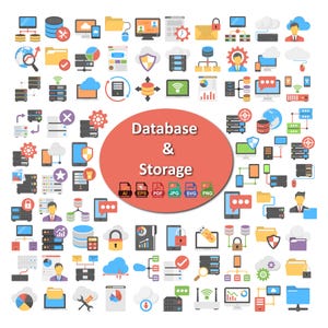 May include: A collection of colourful flat design icons related to database and storage. The image includes icons of computers, servers, clouds, and security symbols. A red oval in the centre displays the text "Database & Storage" and file type icons.