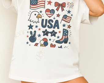 Camisa retro de EE. UU. con estilo Comfort Colors®, camisa del 4 de julio, camisa patriótica para mujer, camiseta con lazo de EE. UU., camisa de chica americana, camisa del 4 de julio