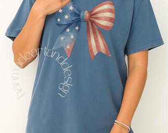 Camiseta Comfort Colors® 4 de Julho, camiseta patriótica, camiseta com bandeira americana, camisa vermelha, branca e azul, camisa com laço dos EUA, camiseta Coquette, feminina 4 de julho