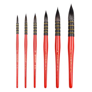 6pcs High quality Squirrel Hair Mixed Watercolour Painting Brush Mop Hook Pen Round Head Red Wooden Handle 207RQ