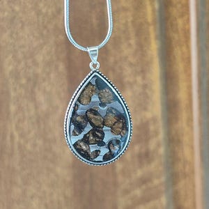 Puede incluir: Un collar de plata con un colgante en forma de lágrima con una incrustación de resina transparente que presenta motas marrones y plateadas.